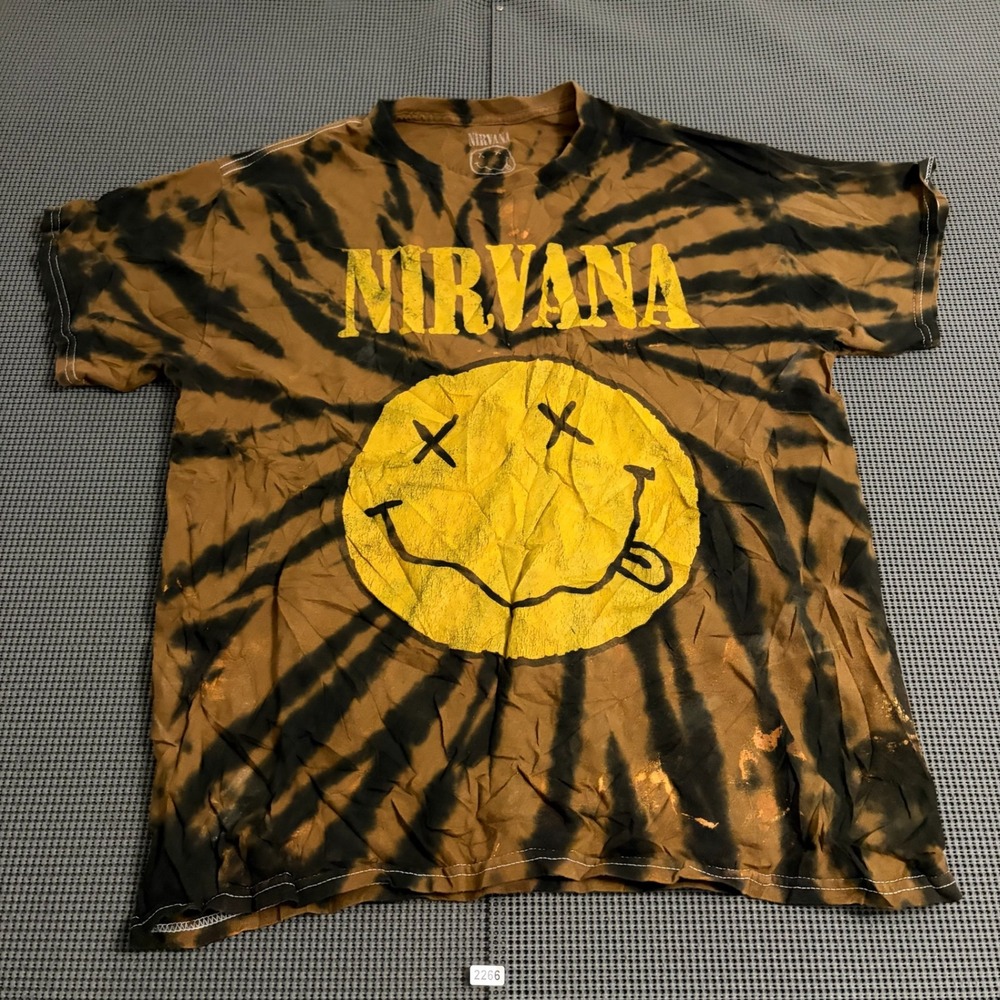 Nirvana Smiley Face Tie Dye Graphic T-Shirt Brown Black Mens Medium NIR105956